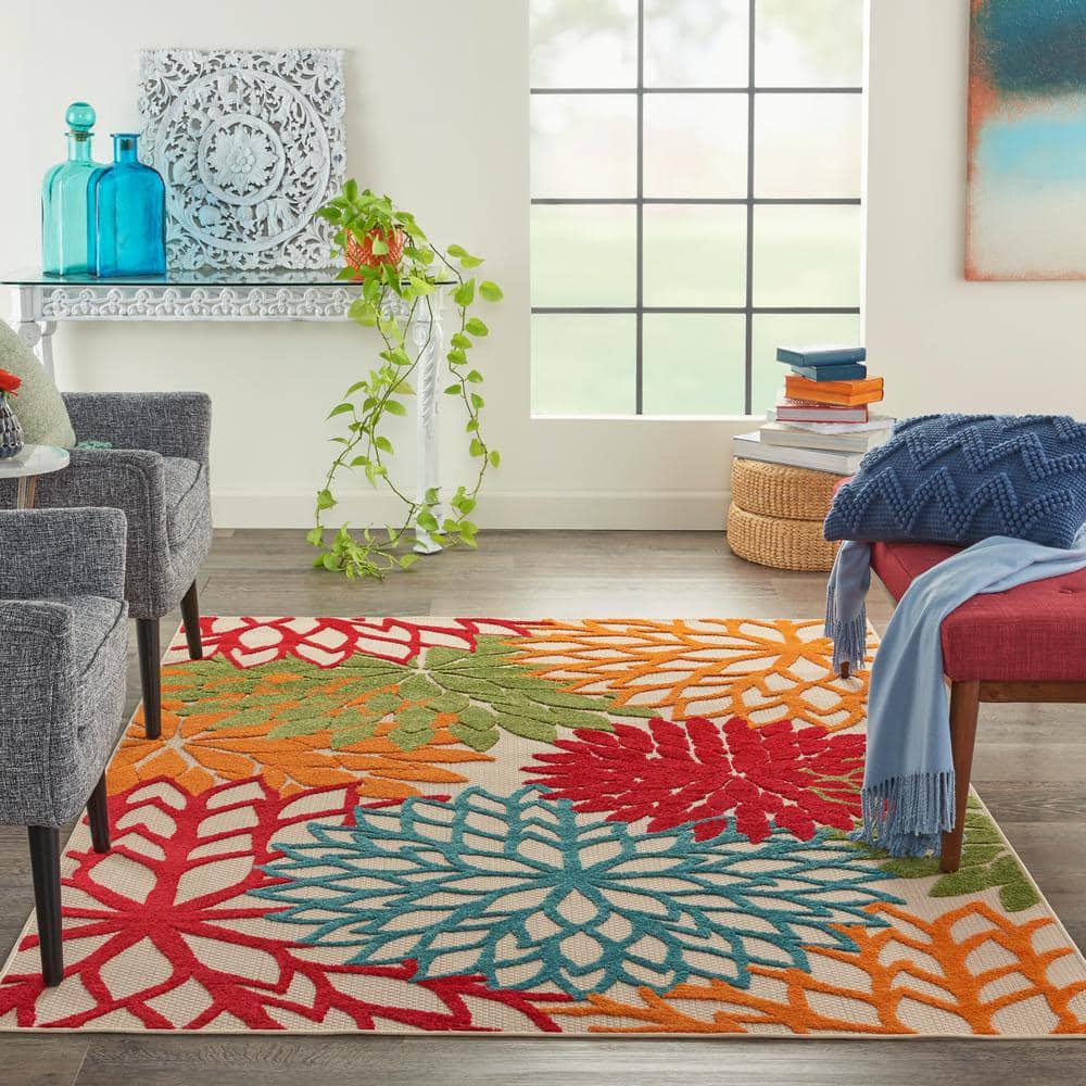 Floral Modern Indoor/Outdoor Patio, Bedrom, Kitchen Area Rug Nourison Aloha Green 5 ft. x 7 ft.