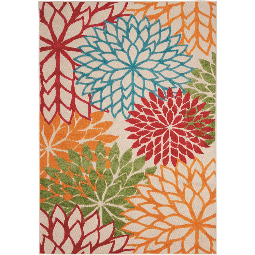 Floral Modern Indoor/Outdoor Patio, Bedrom, Kitchen Area Rug Nourison Aloha Green 5 ft. x 7 ft.