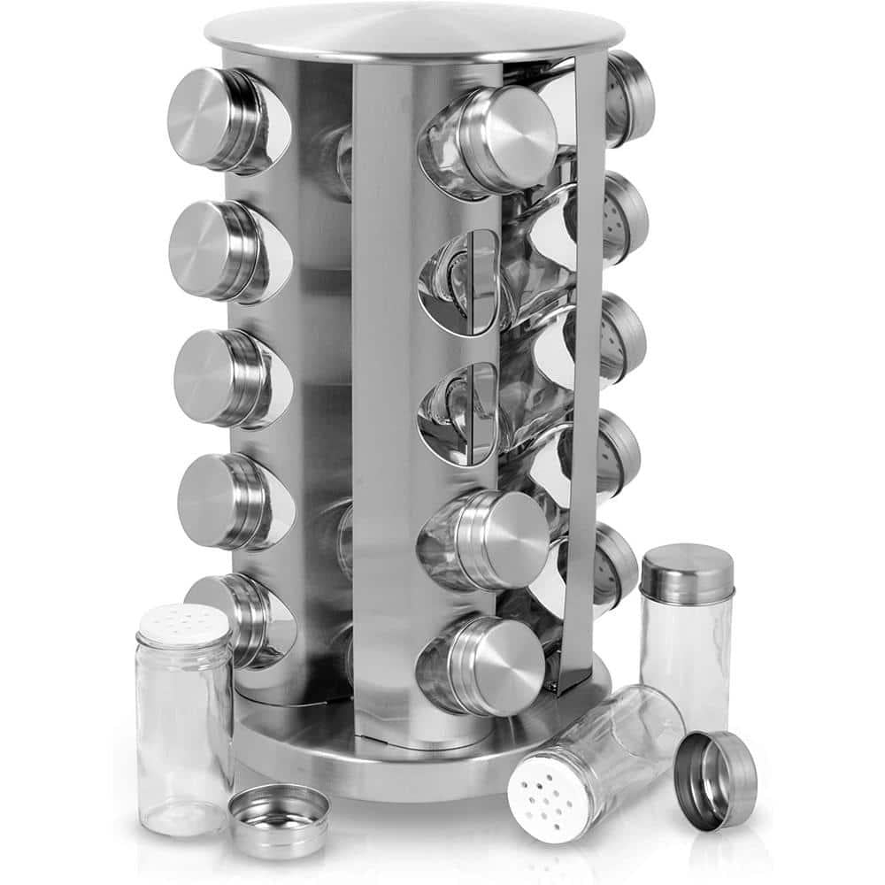 Revolving 20-Jar Countertop Spice Rack, Stainless Steel Silver Finish