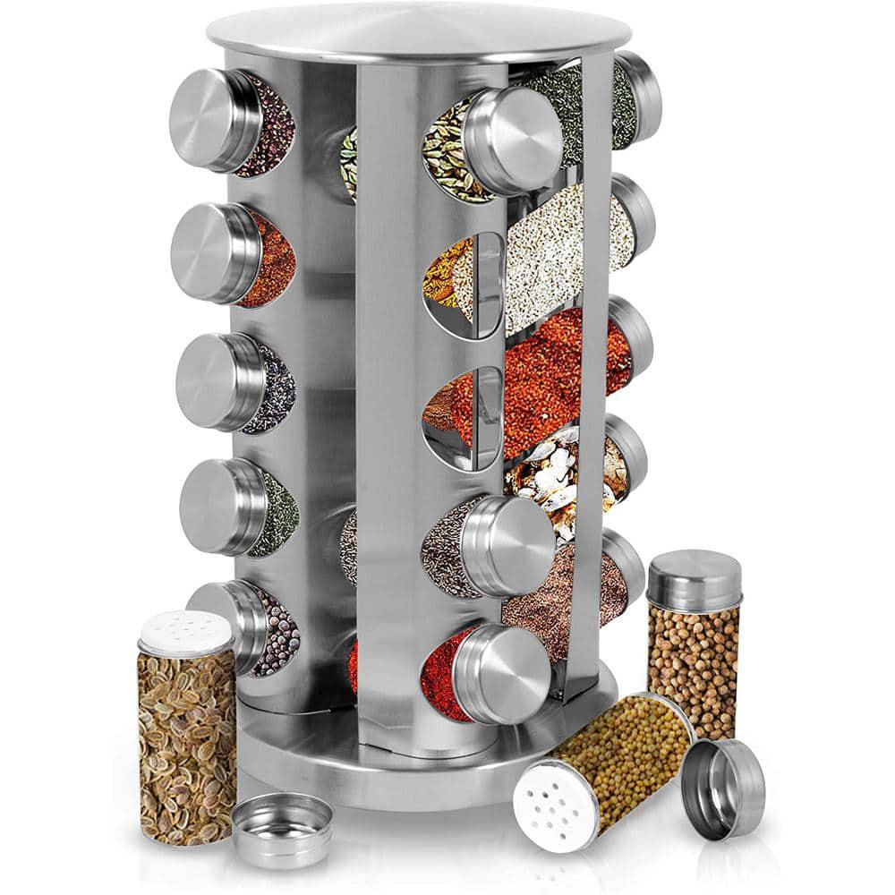 Revolving 20-Jar Countertop Spice Rack, Stainless Steel Silver Finish