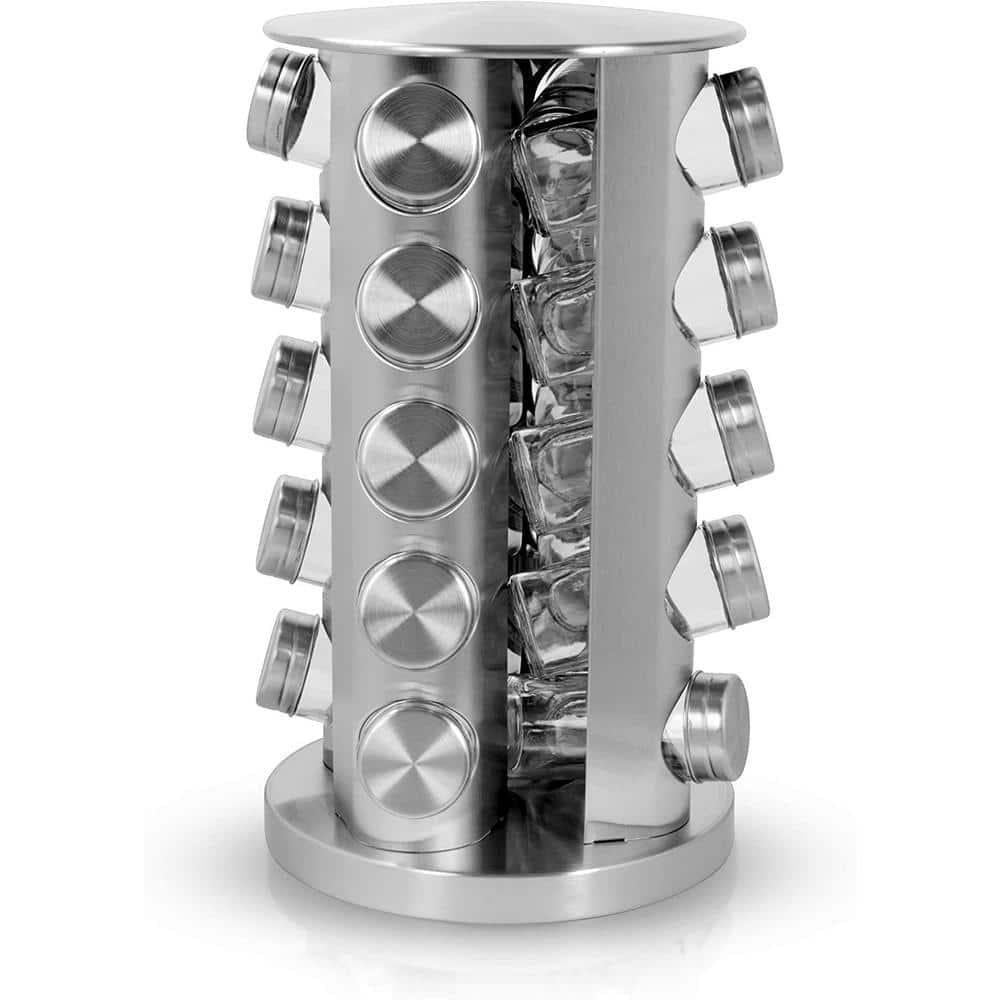 Revolving 20-Jar Countertop Spice Rack, Stainless Steel Silver Finish