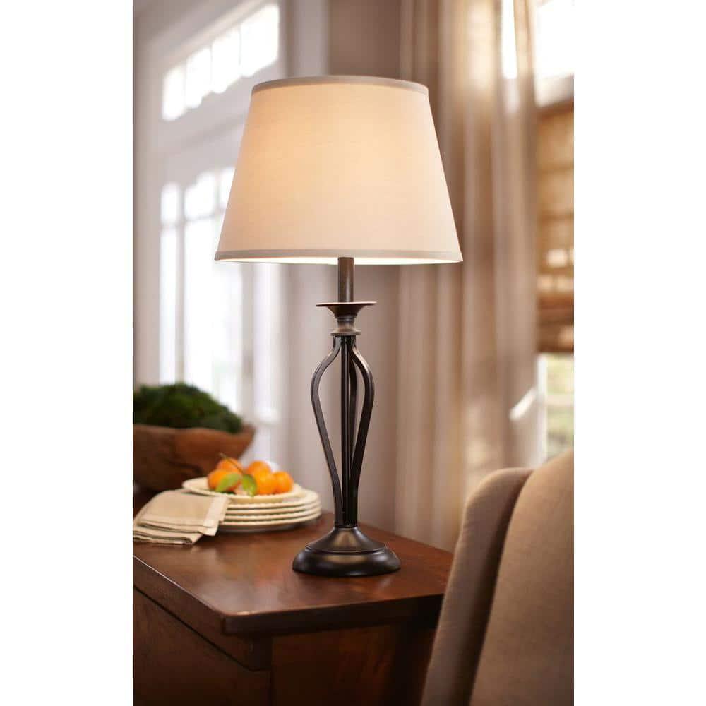 Bronze Table Lamp with Natural Linen Shade Rhodes 28 in.