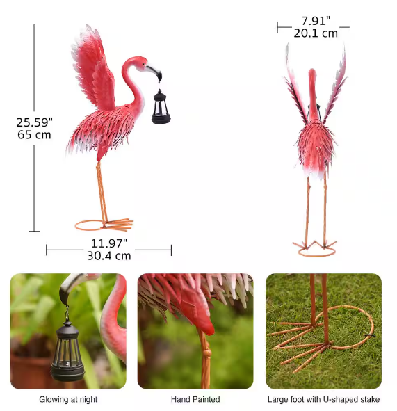 Pink Metal Flamingo Garden Outdoor Statues with Solar Lantern -Flamingo Lawn Ornaments for Home, Patio, Backyard Decor