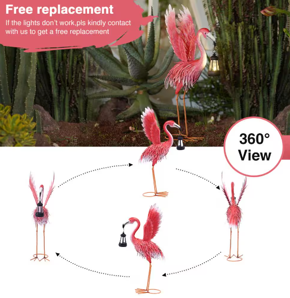 Pink Metal Flamingo Garden Outdoor Statues with Solar Lantern -Flamingo Lawn Ornaments for Home, Patio, Backyard Decor