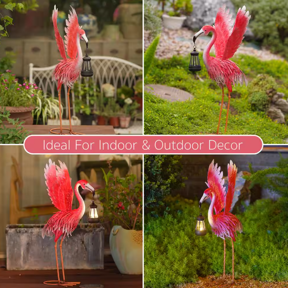 Pink Metal Flamingo Garden Outdoor Statues with Solar Lantern -Flamingo Lawn Ornaments for Home, Patio, Backyard Decor