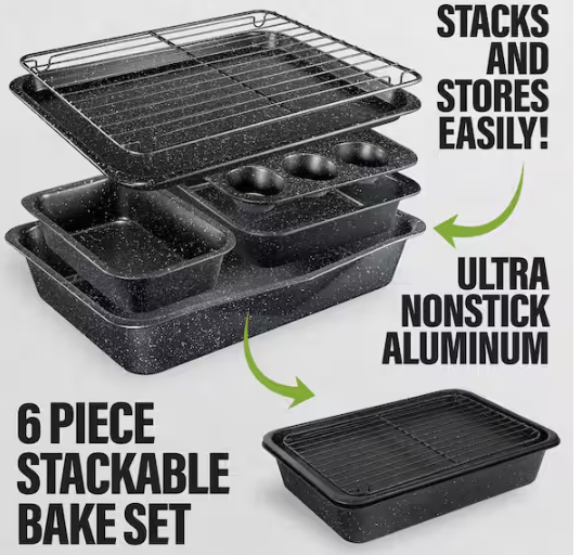 Classic Blue StackMaster 6-Piece Carbon Steel Diamond Infused Nonstick Space Saving Stackable Bakeware Set