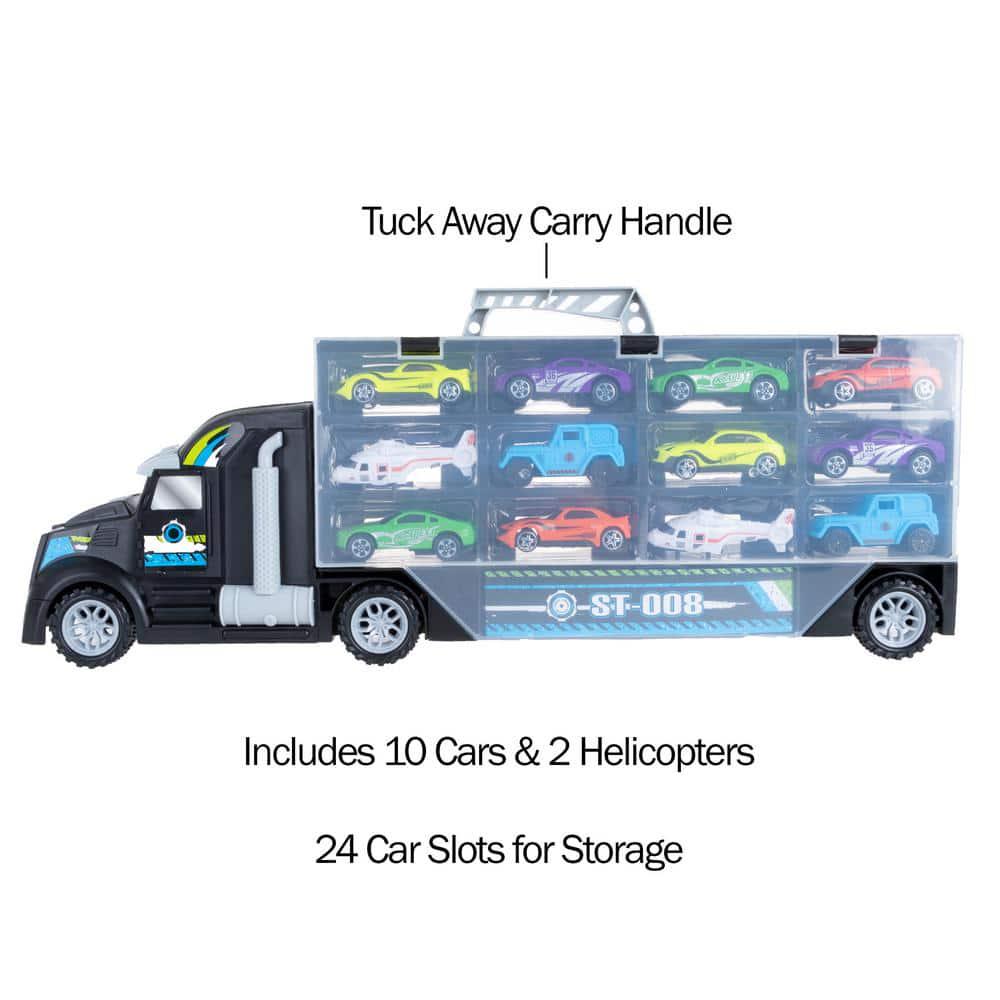 Semi-Truck Car Hauler Toy Set - 2-Sided Trailer with Helipad, Stores 24-Vehicles and Includes 10-Cars and 2-Helicopters