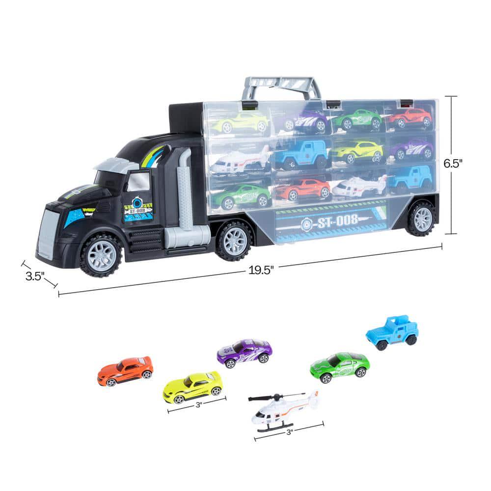 Semi-Truck Car Hauler Toy Set - 2-Sided Trailer with Helipad, Stores 24-Vehicles and Includes 10-Cars and 2-Helicopters