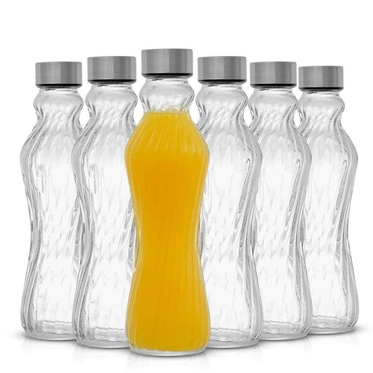 Clear Glass Fluted Water Bottles with Stainless Steel Cap Spring 16 oz. (Set of 6)