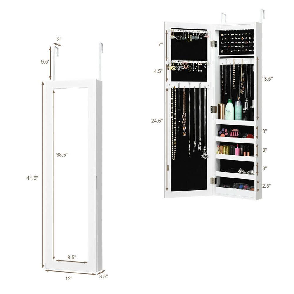 Wall Door Mounted Mirrored Jewelry Cabinet Organizer Storage LED Light White