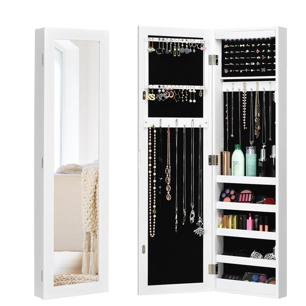 Wall Door Mounted Mirrored Jewelry Cabinet Organizer Storage LED Light White