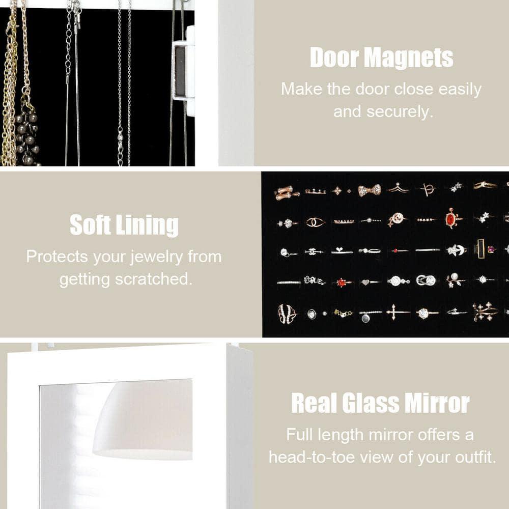 Wall Door Mounted Mirrored Jewelry Cabinet Organizer Storage LED Light White