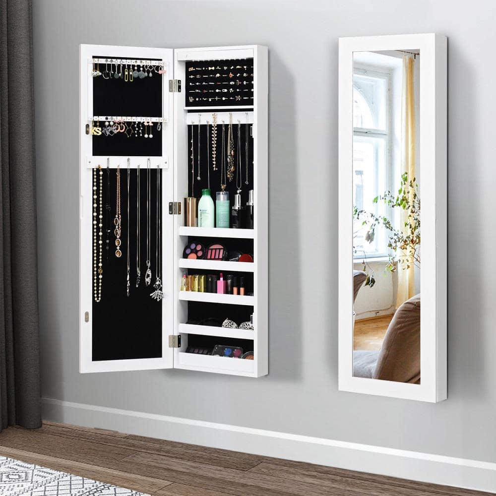 Wall Door Mounted Mirrored Jewelry Cabinet Organizer Storage LED Light White