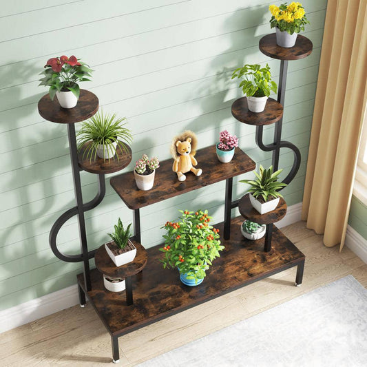 Rustic Brown Round Wood Corner Plant Stand Indoor, 8 Tier Potted Ladder Holder Flower Rack Shelves Wellston 47.2 in. H