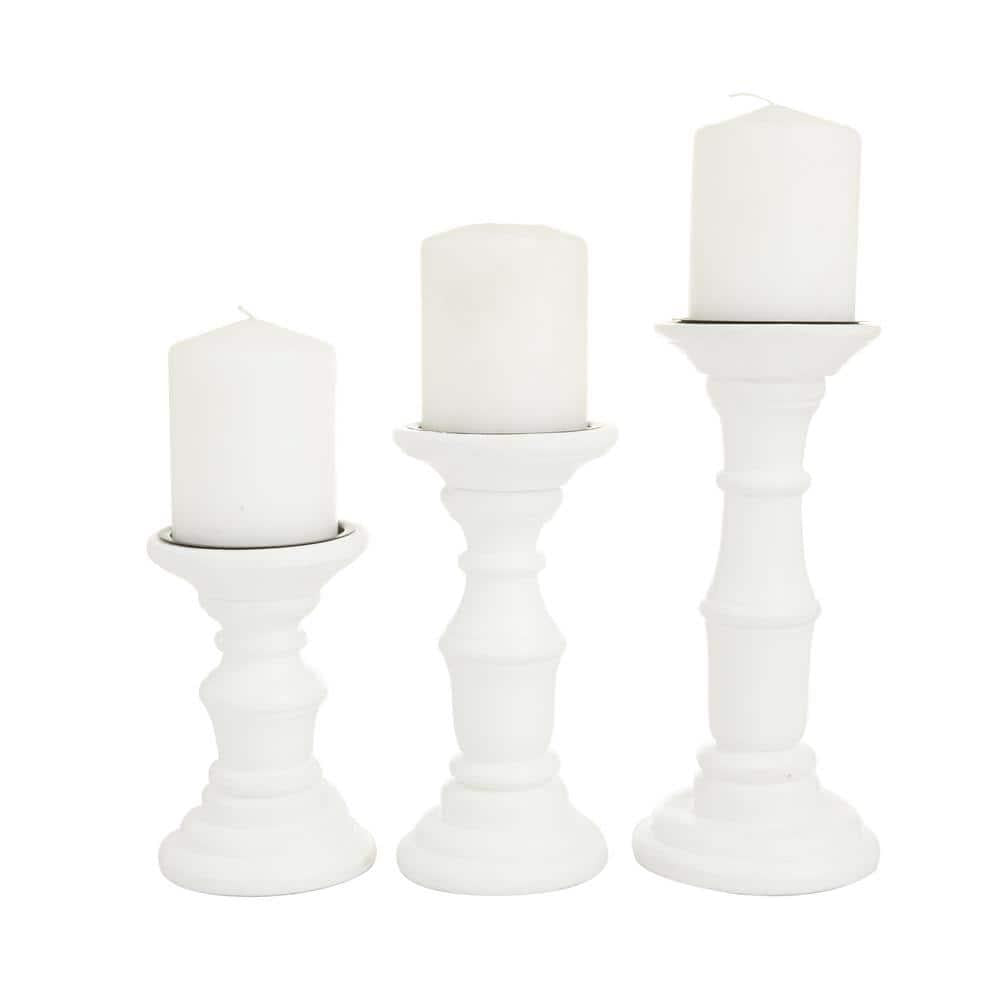 White Mango Wood Turned Style Pillar Candle Holder (Set of 3)