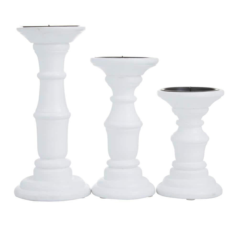 White Mango Wood Turned Style Pillar Candle Holder (Set of 3)