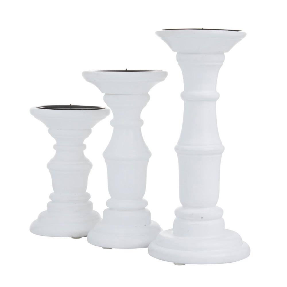 White Mango Wood Turned Style Pillar Candle Holder (Set of 3)