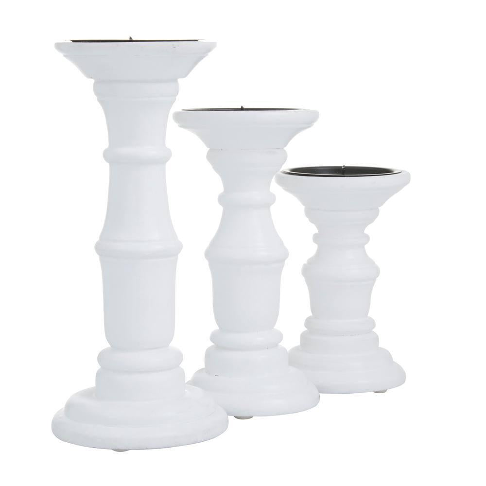 White Mango Wood Turned Style Pillar Candle Holder (Set of 3)