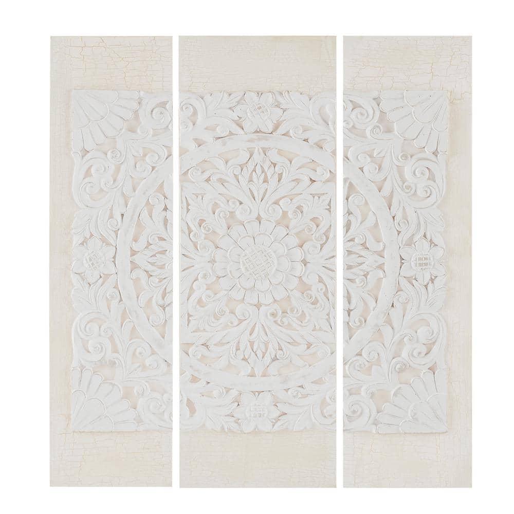 Wooden Mandala White 3D Embellished Canvas Wall Art