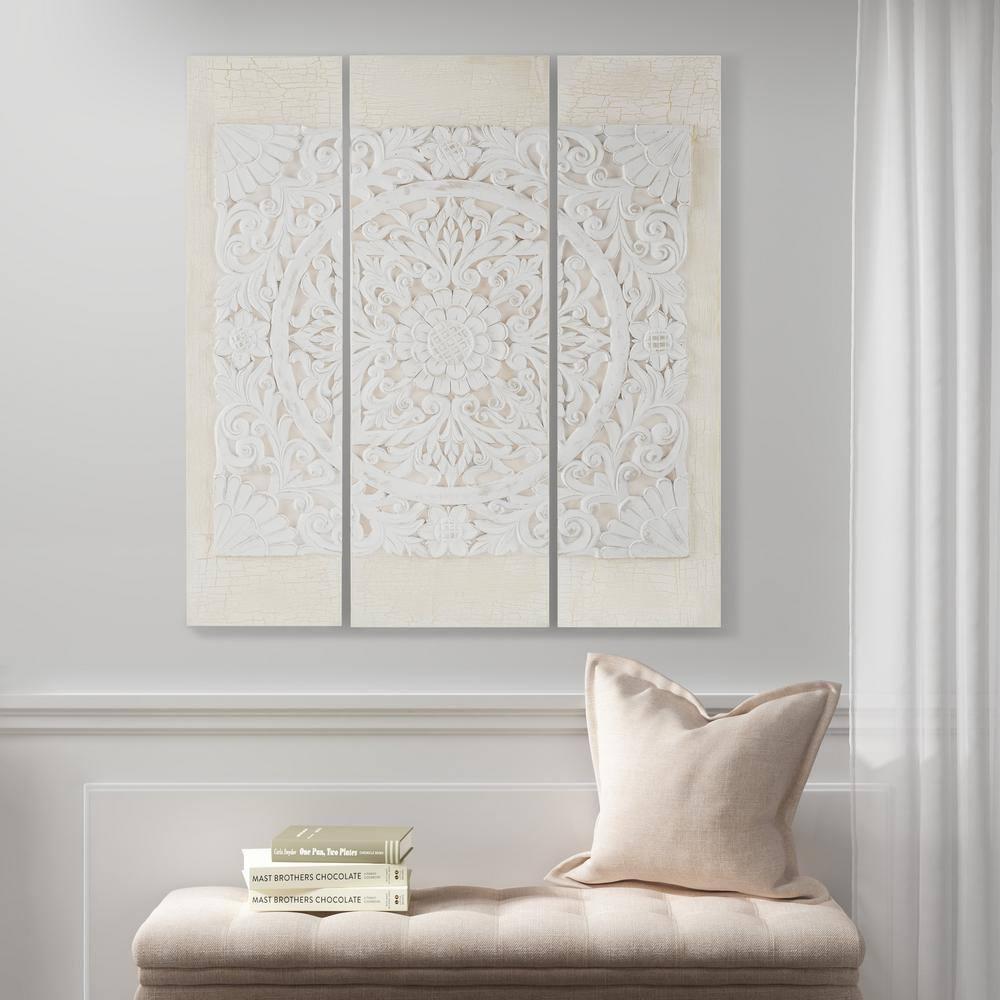 Wooden Mandala White 3D Embellished Canvas Wall Art